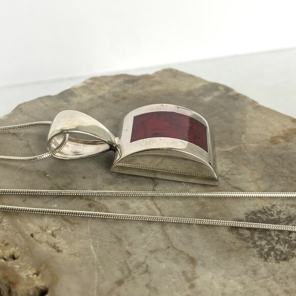 Solid Sterling Silver 925 Sim Red Jasper Pendant Necklace 19.5" Snake Chain - Picture 7 of 16